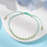 Glass Braided Bead Bracelets, Rondelle, with Brass & Seed Beads, Honeydew, Inner Diameter: 3-3/8~5-1/8 inch(8.5~13.1cm)(BJEW-JB11419-02)