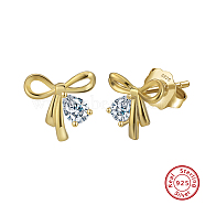 925 Sterling Silver Micro Pave Clear Cubic Zirconia Stud Earrings, Bowknot, Real 14K Gold Plated, 8.5x9mm(STER-P065-09G)