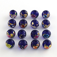 Flower Pattern Glass Round Beads, Frosted, Mixed Color, 14x13mm, Hole: 1.5mm(GFB-R004-14mm-M03)