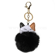 Imitation Rex Rabbit Fur Ball & PU Leather Cat Pendant Keychain, with Alloy Clasp, for Bag Car Pendant Decoration, Black, 16cm(KEYC-K018-05KCG-04)
