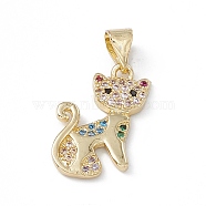 Rack Plating Brass Micro Pave Cubic Zirconia Pendants, Cadmium Free & Lead Free, Long-Lasting Plated, Cat Charm, Real 18K Gold Plated, Colorful, 19x12x2mm, Hole: 3.5x5mm(KK-G451-18G-01)