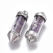 Natural Amethyst Big Pointed Pendants, Dowsing Pendulum Pendants Making, with Alloy Findings, Bullet, Antique Silver, 57x17mm, Hole: 4mm(G-E516-B03-1)