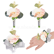 CHGCRAFT 4pcs 2 Style Silk Ribbon Wrist Corsage, with Silk Cloth Artificial Flower Boutonniere, for Wedding, Party Decoration, Pink, 99~132x86~100x45~51mm, 2pcs/style(AJEW-CA0002-74)