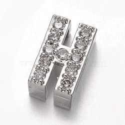 Platinum Plated Brass Micro Pave Cubic Zirconia Letter Slide Charms, Letter.H, 9x5.5x4.5mm, Hole: 4.5x1.5mm(X-ZIRC-E015-04H)