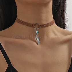 Bohemian Style Alloy Feather with Synthetic Turquoise Pendant Choker Necklaces for Women, Velvet Cord Necklaces, Antique Silver, 14.17 inch(36cm)(NJEW-G158-01B)