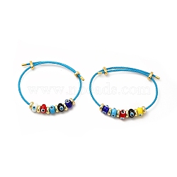 Lampwork Evil Eye & Brass Beaded Bangle, Stainless Steel Twist Rope Adjustable Bangle for Women, Cyan, Inner Diameter: 2-1/8~3-3/8 inch(5.5~8.5cm)(BJEW-L679-04G-06)