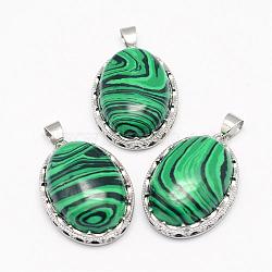 Synthetic Malachite Pendants, with Brass Findings, Oval, Platinum, 30x21x10~11mm, Hole: 6x4mm(G-D851-09)