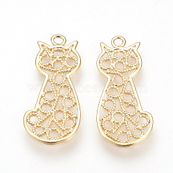 Brass Filigree Kitten Pendants, Textured, Nickel Free, Real 18K Gold Plated, Cat Shape, 29.5x13x1mm, Hole: 1.5mm(KK-R058-062G)