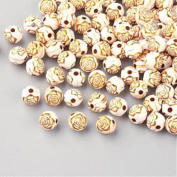 Plating Acrylic Beads, Golden Metal Enlaced, Round with Flower, Beige, 8mm, Hole: 1.5mm, about 2000pcs/500g(PACR-Q113-03)