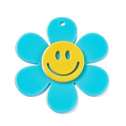 Opaque Acrylic Big Pendants, Sunflower with Smiling Face Charm, Cyan, 55x50.5x5mm, Hole: 2.5mm(OACR-P012-B01)