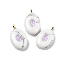 Natural Howlite & Cubic Zirconia Pendants, Oval Charms with Brass Loops, Golden, 21.5x13x6.5mm, Hole: 1.8mm(G-Z076-01G-07)