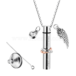 Word Together Forever Cremation Urn Necklace for Ashes Keepsake, Column with Wing 316L Surgical Stainless Steel Pendant Necklace, Memorial Jewelry with Cubic Zirconia, Platinum, 21.65 inch(55cm)(JN1008A)