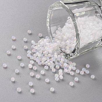 12/0 Grade A Round Glass Seed Beads, Transparent Frosted Style, AB Color Plated, Clear AB, 2x1.5mm, Hole: 0.8mm, about 30000pcs/bag