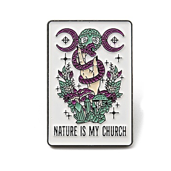 Magic Theme  Enamel Pin, Electrophoresis Black Alloy Brooch for Backpack Clothes, Word Nature Is My Church, Snake & Triple Moon & Plants, 30.5x20.5x1.6mm
