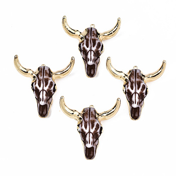 Reisn Pendants, with Golden Tone Brass Findings and Golden Tone Iron Loops, Cattle Skull, Sienna, 48x46.5x15.5~19.5mm, Hole: 1.6mm