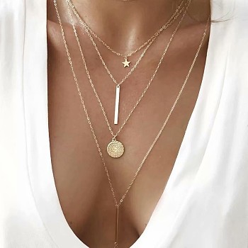 Alloy Multi Layered Necklaces for Women, Golden, Flat Round, 15.35~17.72 inch(39~45cm)