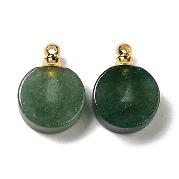 Natural Green Aventurine Perfume Bottle Pendants, Flat Round Charms with Golden Plated 304 Stainless Steel Findings, 27.5x20x7~7.5mm, Hole: 2mm
