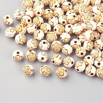 Plating Acrylic Beads, Golden Metal Enlaced, Round with Flower, Beige, 8mm, Hole: 1.5mm, about 2000pcs/500g