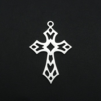 201 Stainless Steel Pendants, Laser Cut, Hollow, Cross, Stainless Steel Color, 29.5x19x1mm, Hole: 1.6mm