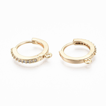 Brass Micro Pave Cubic Zirconia Huggie Hoop Earring Findings, with Horizontal Loop, Nickel Free, Ring, Clear, Real 18K Gold Plated, 16x15x2mm, Hole: 1mm, Pin: 0.9mm