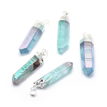Faceted Natural Quartz Crystal Pointed Pendants, with Brass Finding, AB Color Plated, Bullet, Silver Color Plated, Medium Turquoise, 42~49x10~13x8~11mm, Hole: 5x8mm