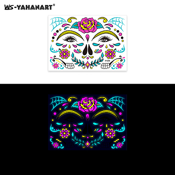Mask with Flower Pattern Luminous Body Art Tattoos, Removable Temporary Tattoos Paper Stickers, Magenta, 17x12cm