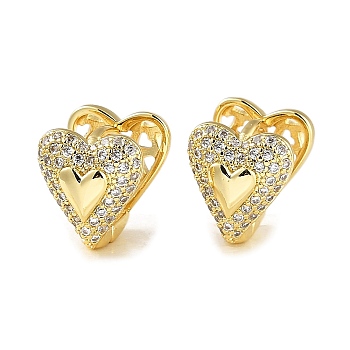 Brass Micro Pave Clear Cubic Zirconia Hoop Earrings for Women, Golden, Heart, 14x12x15mm