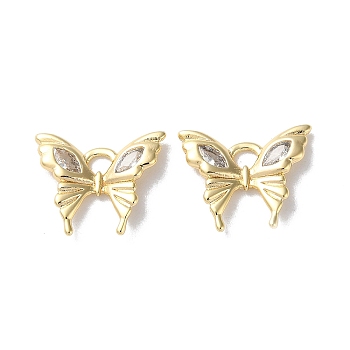 Clear Glass Charms, with Brass Findings, Butterfly Charm, Real 18K Gold Plated, 12x14x2mm, Hole: 2mm
