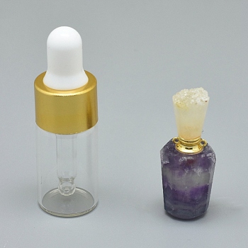 Natural Fluorite Openable Perfume Bottle Pendants, with Brass Findings and Glass Essential Oil Bottles, 30~35x13~15mm, Hole: 0.8mm, Glass Bottle Capacity: 3ml(0.101 fl. oz), Gemstone Capacity: 1ml(0.03 fl. oz)