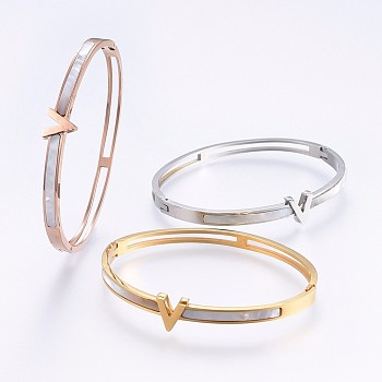 304 Stainless Steel Bangles, with Shell, Mixed Color, 2-3/8 inch(6cm)x2 inch(5cm), 4~9mm