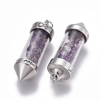 Natural Amethyst Big Pointed Pendants, Dowsing Pendulum Pendants Making, with Alloy Findings, Bullet, Antique Silver, 57x17mm, Hole: 4mm