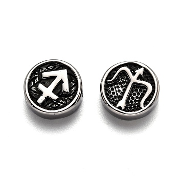 304 Stainless Steel Beads, Flat Round with Twelve Constellations, Antique Silver, Sagittarius, 10x4mm, Hole: 1.8mm