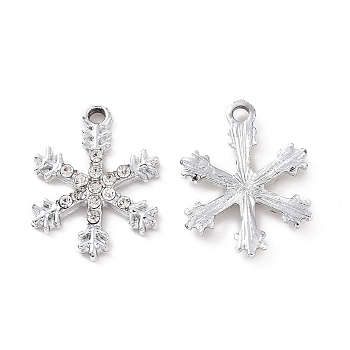 Alloy Crystal Rhinestone Pendants, Christmas Snowflake Charms, Platinum, 21.5x16x2mm, Hole: 1.8mm