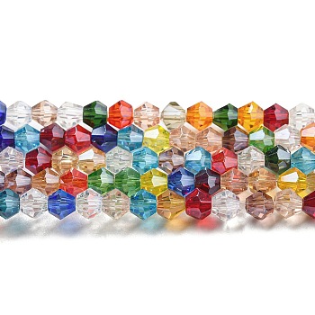 Transparent Electroplate Glass Beads Strands, Pearl Luster Plated, Faceted, Bicone, Colorful, 4x4mm, Hole: 0.8mm, about 82~85pcs/strand, 12.01~12.2 inch(30.5~31cm)