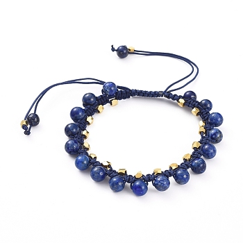 Natural Lapis Lazuli Braided Bead Bracelets, Nylon Thread Square Knot Bracelet, with Brass Spacer Beads, 2-1/4 inch~3-1/4 inch(5.8~8.2cm)