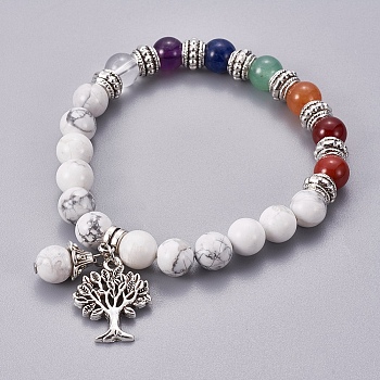 Chakra Jewelry, Natural Howlite Bracelets, with Metal Tree Pendants, 50mm