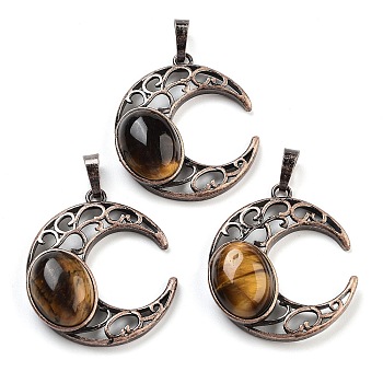 Natural Tiger Eye Pendants, with Red Copper Plated Brass Findings, Moon, 34x30x9~9.5mm, Hole: 5x8mm