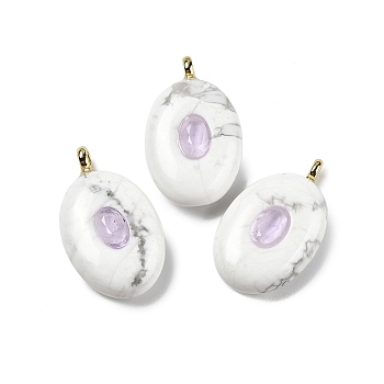 Natural Howlite & Cubic Zirconia Pendants, Oval Charms with Brass Loops, Golden, 21.5x13x6.5mm, Hole: 1.8mm
