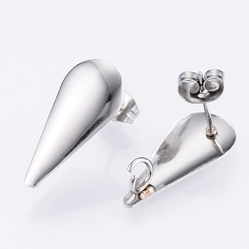 Non-Tarnish 304 Stainless Steel Stud Earring Findings, with Loop, Teardrop, Stainless Steel Color, 20x9mm, Hole: 2.5mm, Pin: 0.8mm