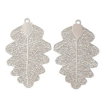 Long-Lasting Plated Brass Filigree Pendants, Leaf Charm, Platinum, 47x29x0.3mm, Hole: 2mm