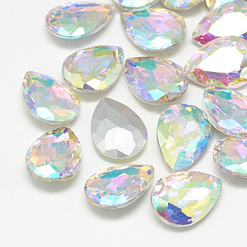 Pointed Back Glass Rhinestone Cabochons, Back Plated, Faceted, teardrop, Crystal AB, 25x18x8mm