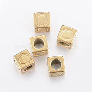 304 Stainless Steel Large Hole Letter European Beads, Horizontal Hole, Cube with Letter.O, Golden, 8x8x8mm, Hole: 5mm(X-STAS-H428-01G-O)