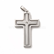 304 Stainless Steel Pendants, with Rhinestone, Cross, Stainless Steel Color, 40.5x27x5.5mm, Hole: 6.5x3.2mm(STAS-A076-09P)