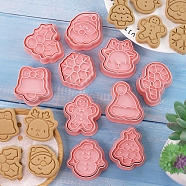 Christmas Themed Plastic Cookie Cutters, Cookies Moulds, DIY Biscuit Baking Tool, Candy & Santa Claus & Bell, Salmon, 32~42x35~44mm, 10pcs/set(BAKE-PW0007-028)