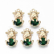 Brass Glass Rhinestone Pendants, with Micro Pave Clear Cubic Zirconia, Long-Lasting Plated, Cadmium Free & Lead Free, Cow, Light Gold, Emerald, 15x10x5mm, Hole: 1.4mm(GLAA-S179-30C-RS)