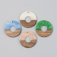 Opaque Resin & Walnut Wood Pendants, Flat Round, Mixed Color, 28x3mm, Hole: 2mm(RESI-S389-013A-C)