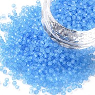 12/0 Glass Seed Beads, Frosted Colors, Round, Round Hole, Sky Blue, 12/0, 2mm, Hole: 1mm, about 3333pcs/50g, 50g/bag, 18bags/2pounds(SEED-US0003-2mm-M3)
