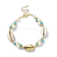 Natural Shell & Shell Pearl & Synthetic Turquoise Beaded Bracelet, Inner Diameter: 7-1/2 inch(19.1cm)(BJEW-TA00418)