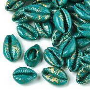 Spray Painted Natural Cowrie Shell Beads, Drawbench, No Hole/Undrilled, Sea Green, 18~21x12~15x7mm(SSHEL-R047-03-A02)