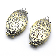 Brass Locket Pendants, Photo Frame Charms for Necklaces, Cadmium Free & Nickel Free & Lead Free, Oval with Flower, Brushed Antique Bronze, 35x20x9mm, Hole: 2mm, Inner Size: 13x23mm(KK-F717-31AB-NR)
